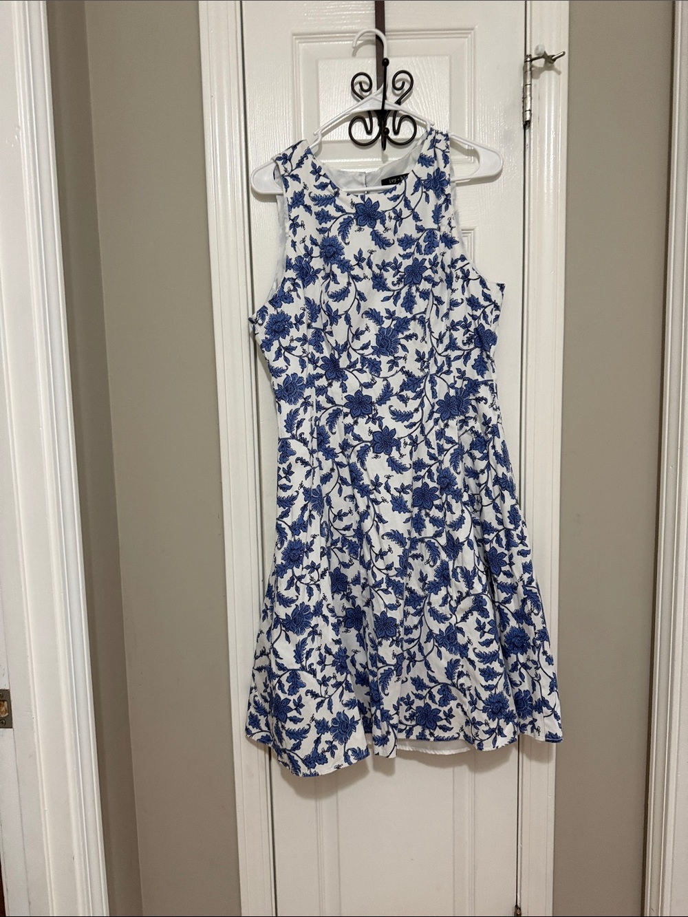 White Dress with Blue Floral Print - Sleeveless Mini